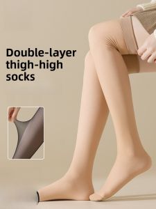 miiow | Thickened Double Layer Knee High Socks Womens Autumn Winter Long Tube Silk Stockings Half Knee Protector High Tube Fleece Lined Long Leg Thigh Socks Cover