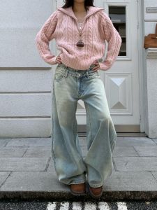 Retro High Waist Straight Leg Jeans Womens Double Waist Design Vintage Washed Denim Casual Cotton Blend Loose Fit Trousers