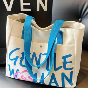 Large Capacity Canvas Tote Bag Casual Commuter Bag for Class Versatile Single Shoulder Bag Letter Pattern Korean Style