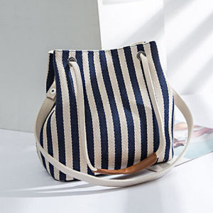 New Womens Canvas Bucket Bag Striped Single Shoulder Crossbody Multi-Use Korean Fashion Solid Color Mommy Handbag