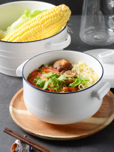 Nordic Style Ceramic Soup Bowl with Lid for Home Use Instant Noodles Bowl Double Ear European Style Salad Bowl Heat Resistant
