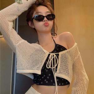 Sweet Spicy Girl Hollow out Knitted Light Weight Summer Top And Cardigan Womens Sun Protection Outerwear Floral Print Tube Top Set