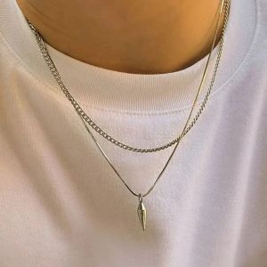2Pcs/Set Trend Rivet Pendant Necklace for Men Hip Hop Layered Silver Color Link Chain Chokers Street Versatile Male Jewelry Gift