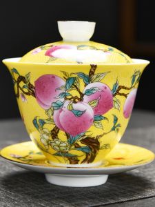 Bộ Trà Gốm Sứ Cỡ Lớn Nine Peach Three Talent Bowl Không Bỏng Tay Bộ Dụng Cụ Pha Trà Gongfu Bộ Trà Gốm Sứ Pha Chế Tại Nhà