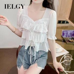 IELGY chiffon shirt womens chic square collar ruffled drawstring bubble short-sleeved top