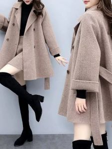 Fashionable Thickened Winter Outerwear Set Womens Long Coat And Pin Collar Knitwear Korean Style Pure Color Autumn Winter