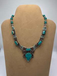 Vintage Tibetan Natural Turquoise Stone Lovely Rare Brass Necklace