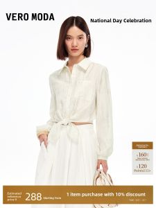 Vero Moda Floral Print Shirt Stand Collar Knot Hem Casual Top Straight Cut Long Sleeve Womens Fashion Autumn 2025