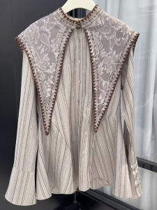 UYFY | Chinese Retro Striped Printed Cloud Shoulder Long Sleeve Shirt
