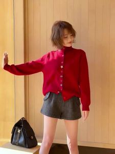 MIUCO | Áo Cardigan Len Đỏ Phong Cách Hàn Quốc Cổ Tròn Dài