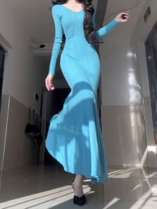 KENI/Plus Size French Pure Desire V Neck Knitted Long-Sleeved Dress Female Autumn Plus Size Ladies Silm Sheath Fishtail Dress