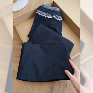 American Retro Heavy Duty Patchwork Casual Pants Mens Loose Long Trousers Summer Unique Good Looking Plaid Lace High Waist
