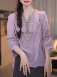 Shalldoer | Casual Loose Womens Shirt Lightweight Breathable Summer New Style Purple Seven-Quarter Sleeve Top Fashionable Versatile Loose Fit