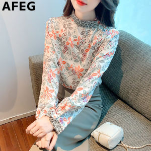 AFEG new Korean version stand collar fashion loose all-match temperament chiffon print long-sleeved blouse for women