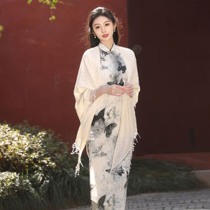Elegant Knitted Tassel Shawl Hollow out Sleeveless Midi Qipao in Beige for Young Professional Women Daily Wear Polyester Fiber