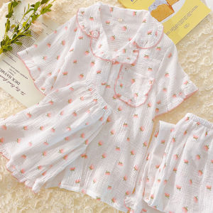 Three-Piece Bubble Cotton Pajamas Womens Summer Trousers Short sleeve Home Wear Pure Cotton Double-Layer Gauze Small Floral Sweet