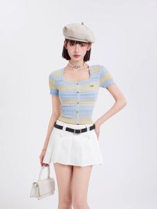 Áo Thun Tay Ngắn Dệt Kim Sọc Nhiều Màu Mùa Hè Cho Nữ Áo Thun Dáng Ôm Cổ Vuông Chất Liệu Lụa Băng Phong Cách Đường Phố Tay Ngắn