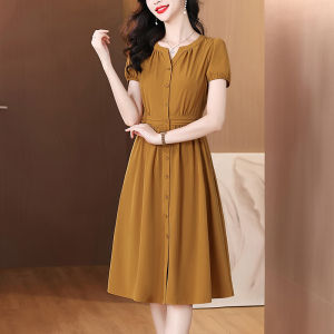 MAIMEI | Elegant Slimming Solid Color Summer New Casual Dress Womens High Waist Fashion Short Sleeve Long Dress Trendy A-Line Skirt