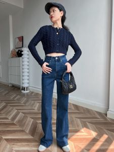 High Waist Slimming Vintage Deep Blue Comfortable Stretch Straight Leg Jeans Leg Shaping Spring Autumn New Style Womens Jeans