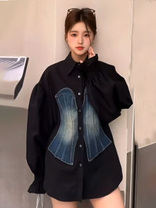 เสื้อเชิ้ตยีนส์ทรงสลิมฟิตแขนยาวผู้หญิงฤดูใบไม้ผลิ 2025 แฟชั่นใหม่ เสื้อเชิ้ตทรงสลิมฟิตสำหรับทำงาน