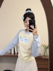 Áo Thun Nữ Cổ Tròn Tay Dài Ngắn Dáng Ôm Mùa Thu Thiết Kế Mỹ Cổ Điển Màu Tương Phản in Chữ Phong Cách Ngọt Ngào Mát Mẻ