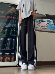 Gray Ice Silk Quick Dry Three Bars Mens Summer Youth Straight Leg American Sport Pants Casual Loose Fit Straight Tube Trousers