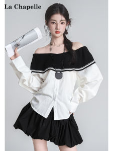 La Chapelle | Ruffled Off-shoulder Design Color Block Long Sleeve Blouse