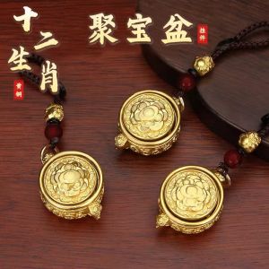 已开光 招财 新款黄铜十二生肖聚宝盆转转招财钥匙扣挂件随身挂饰手把件礼物 Fortune New Brass Zodiac Cornucopia Around Fortune Keychain Pendant Carry-on Pendant Handle A Gift