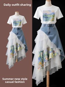 LIANGYILAILIN | Fashionable Summer Outfit Set with Printed T-shirt and Half Skirt
