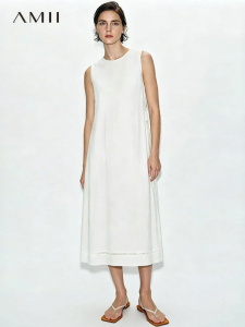 AMII | Summer New Casual Round Neck Hollow Lace-up A-Line Long Dress