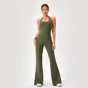 ชุดโยคะแบบสวมลำลองสำหรับผู้หญิงพร้อมแผ่นเสริมหน้าอก กระชับสัดส่วน วิ่ง โยคะ ฟิตเนส กางเกงขาบาน เอวสูง ผ้าฝ้าย โพลีเอสเตอร์