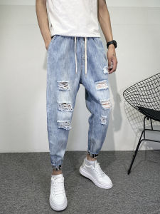 Summer Washed Light Blue Mens Skinny Jeans Harlan Cuffed Nine Points Casual Trendy Jeans Youth Popular Blue Denim mid Waist