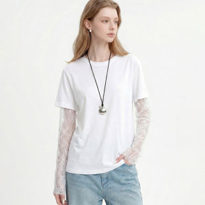 Fashion Unique Lace Stitched Illusion Two-piece Long Sleeve Top
