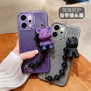 with Lens Film Phone Case OPPO A5i Pro Reno14 F Reno14 Pro 14 F Pro 5G New Trendy Fashion Shiny Cardstock Casing with Cute Cartoon Bear Bulldog Wristband 2025