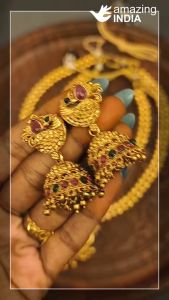 Premium Matte Gold Long Lakshmi Necklace Set - D3 | indian Necklace