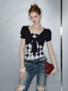 Unifree | Faux Layered Gingham Short Sleeve Tshirt Slim-fit Bow-tie Design Top