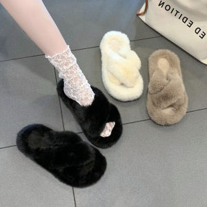 Fluffy Slippers Womens Outwear Ins Tide 2023 Fall and Winter New Arrival Fluff Home Floor Slippers Word Non-Slip Cotton Slippers