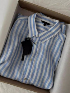 French Blue Stripes Linen Cotton Blend Womens Summer Thin Loose Casual Loose Feel Long Sleeve Polo Shirts Sun Protection Top