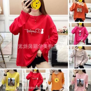 Autumnal Long-Sleeve Rural Gathering T-Shirt Ensemble Casual Style Print Cotton Blend round Neck for Middle-Aged Women