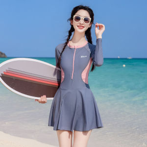 XTEP Womens One-Piece Swimsuit 2025 Fashion Summer Conservative Belly Cover Slimming Skirt Long Sleeve Hot Spring Beachwear