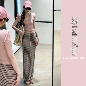 YUEZHONGWEI | Bộ Áo Thun V-Neck Phong Cách Hàn Quốc Và Chân Váy Ôm Cao
