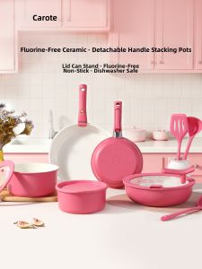 CAROTE | Household Ceramic Detachable Handle Stackable Non-stick Pot Set