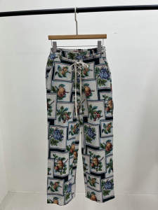 Bailey Rose Tropical Green Plant Embroidery Holiday Atmosphere Straight Leg Pants High Waist Polyester Fiber Casual Trousers