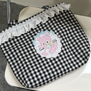 Cute Plaid Canvas Shoulder Bag Womens Summer Versatile Student Handbag Original Japanese Style Lace Design Small Niche Design