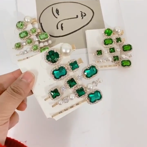 Girls Hair Clips with Green Rhinestone Pearl and Imitate Diamond details best for Hari Raya Celebration Birthday Wedding Dinner gift idea Live Host Accessory and hair grooming