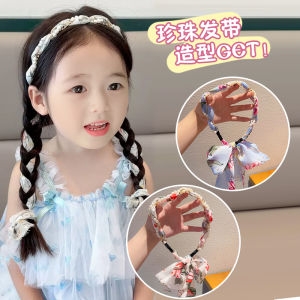 Children Hair Braiding Silk Scarf Floral Streamer Headband One-Piece Hair Rope 2024 New Arrival Pearl Hair Band Sweet Girl Headband