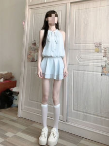 French Style Butterfly Knot Halter Dress Waist Cinching Short Skirt Summer Fashionable Unique Cute Small Size Womens Dress