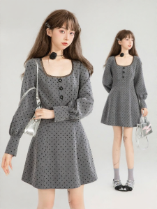 KEIKO | Vintage French Style Gray Polka Dot Lace Trimmed U-Neck A-Line Dress