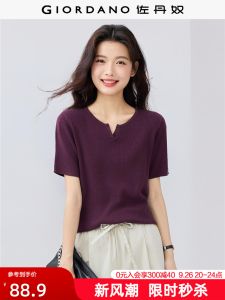 Giordano Pure Cotton Slim Fit Short Sleeve V Neck Knitwear Womens Summer New Style Commute Artistic Fashion Cotton Shirt