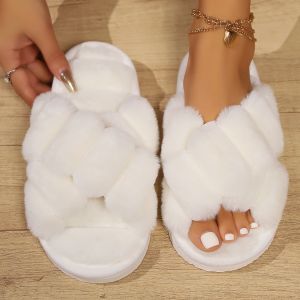 Womens Fluffy Cross Strap Fur Slippers Lightweight Soft Warm Plush House Slippers Woman Autumn Winter Flat Indoor Fuzzy Slides